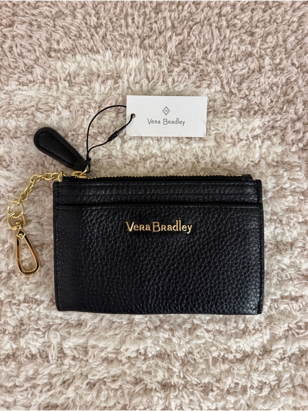 NWT Vera Bradley Black Genuine Leather Slim Coin Purse Wallet Keychain